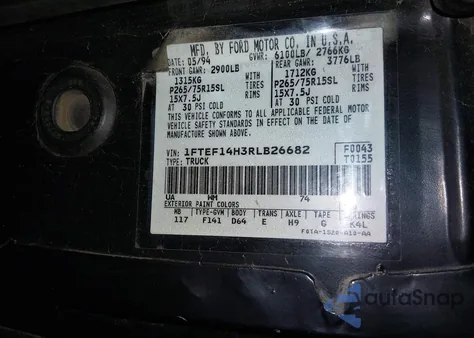 1994 Ford F150 из США, поврежденный, VIN 1FTEF14H3RLB26682